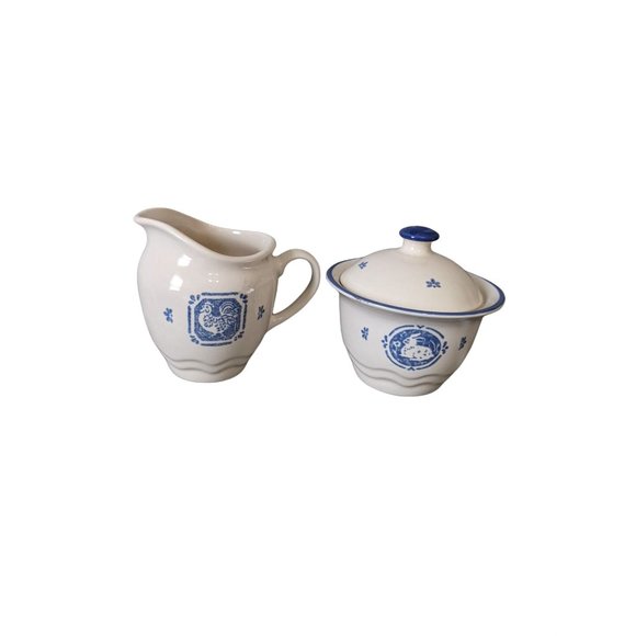 Maison Blue by PFALTZGRAFF cream and covered sugar bowl set blue white Rooster - Picture 2 of 11